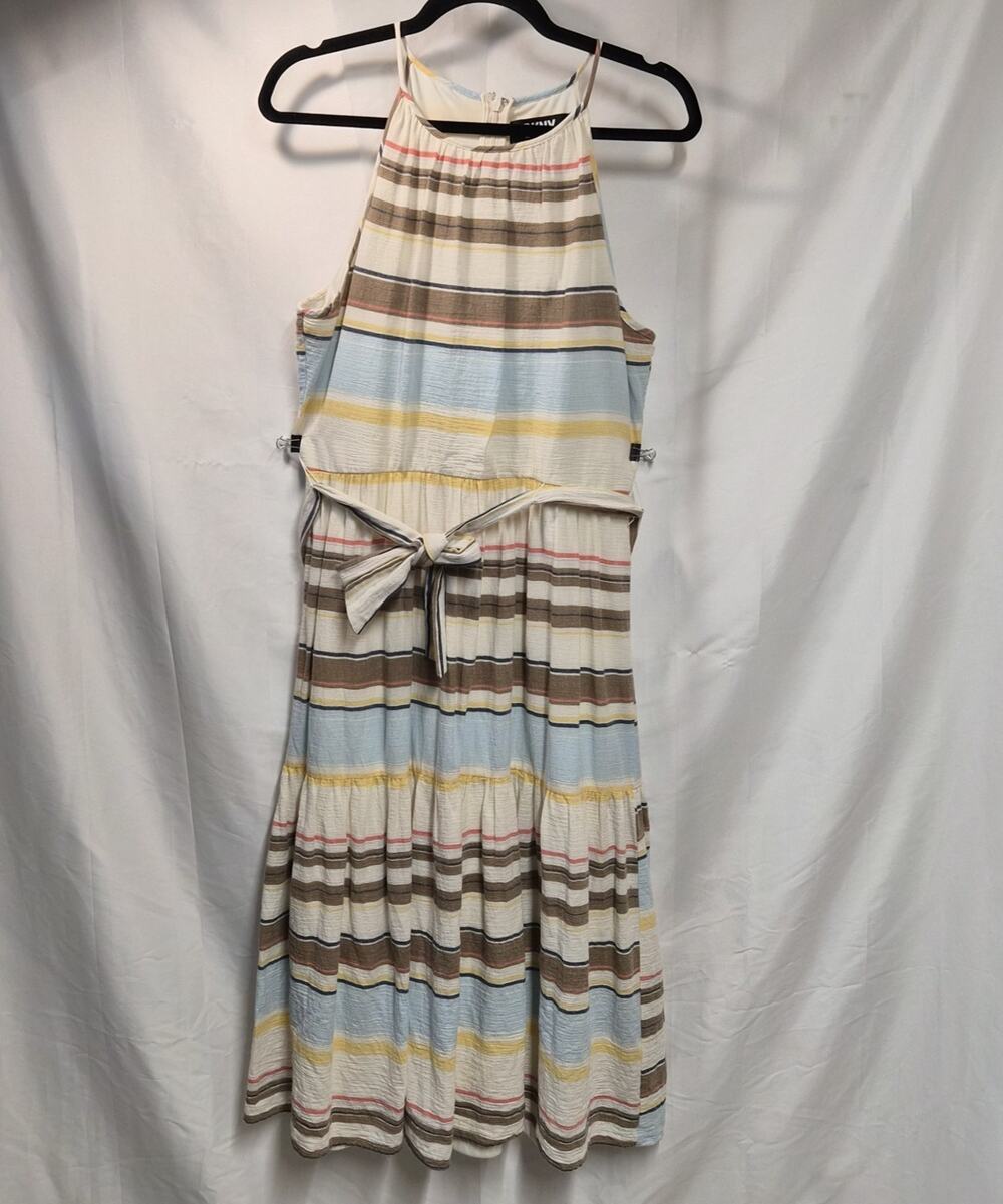 DKNY Multicolor Cotton Sleeveless Striped Belted A-line Halter Dress Size 10